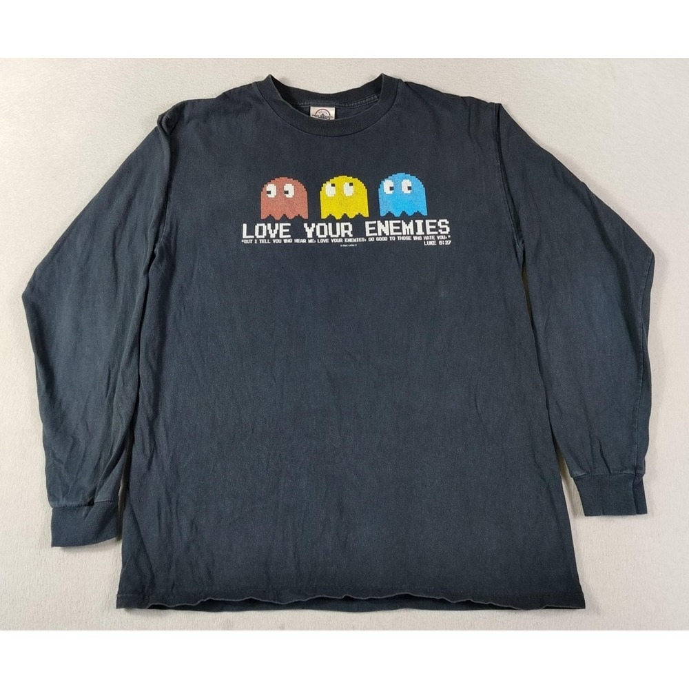Vintage Delta Pro Weight Love Your Enemies Shirt Mens Medium Black Pacman Y2K